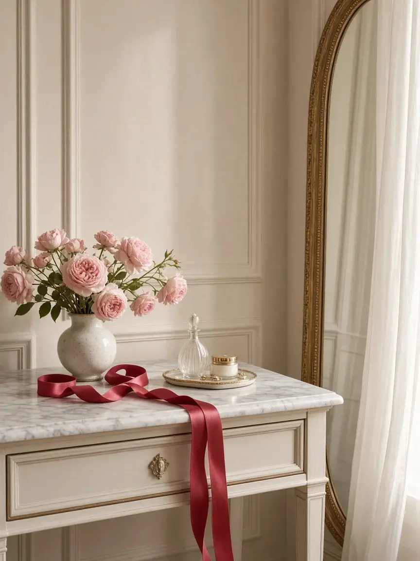 A quiet vanity with roses and cherry silk