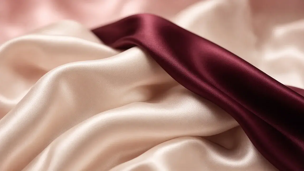 Ivory silk with a deep cherry ribbon